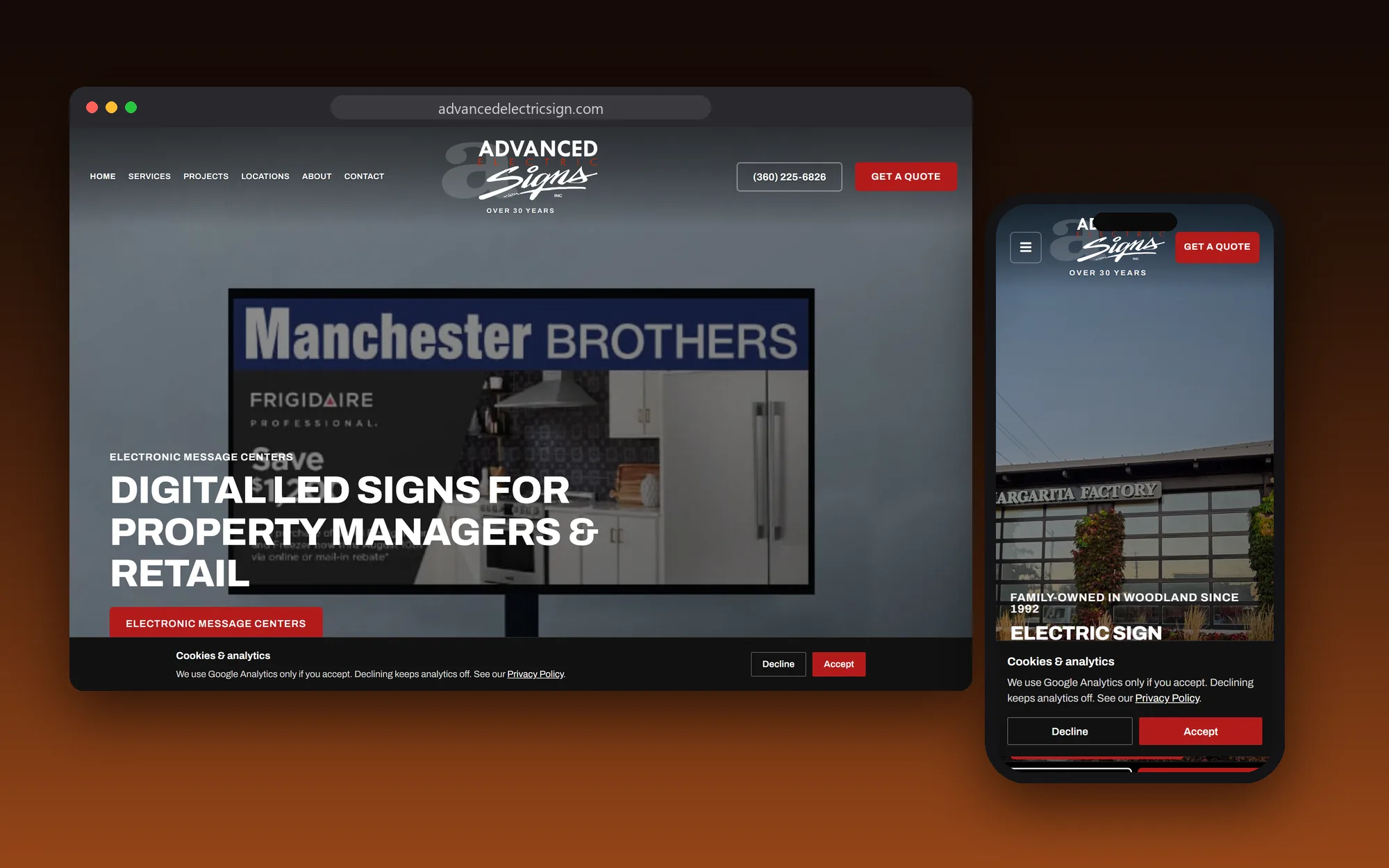 The Advanced Electric Signs website shown on a desktop browser and a phone