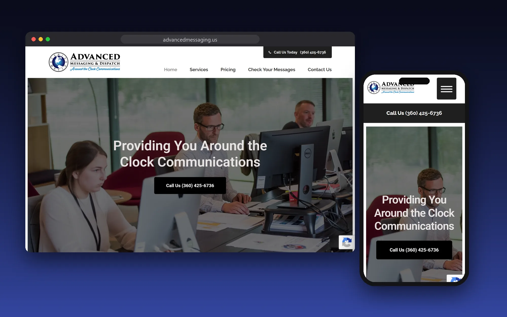 The Advanced Messaging & Dispatch website shown on a desktop browser and a phone