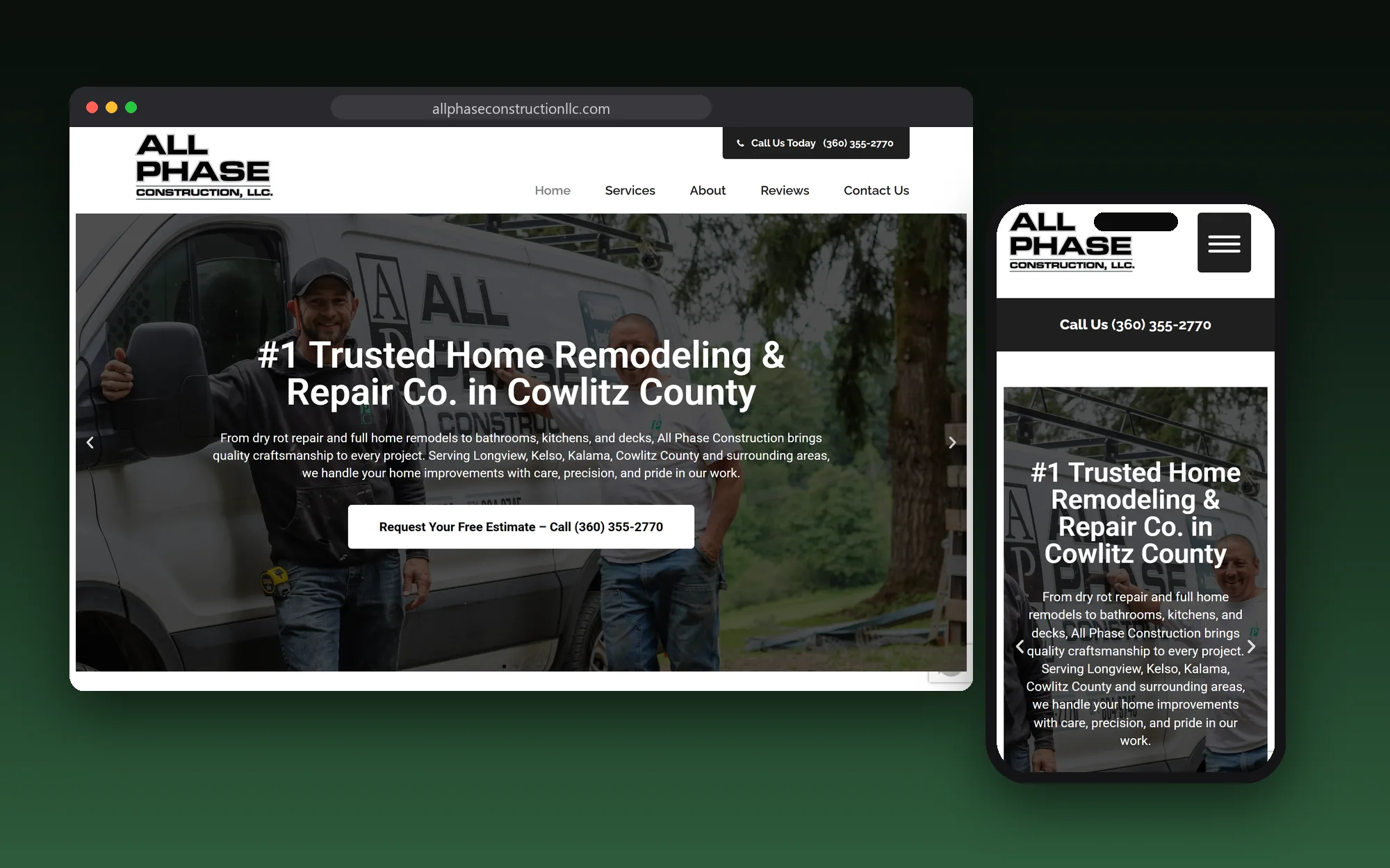 The All Phase Construction website shown on a desktop browser and a phone