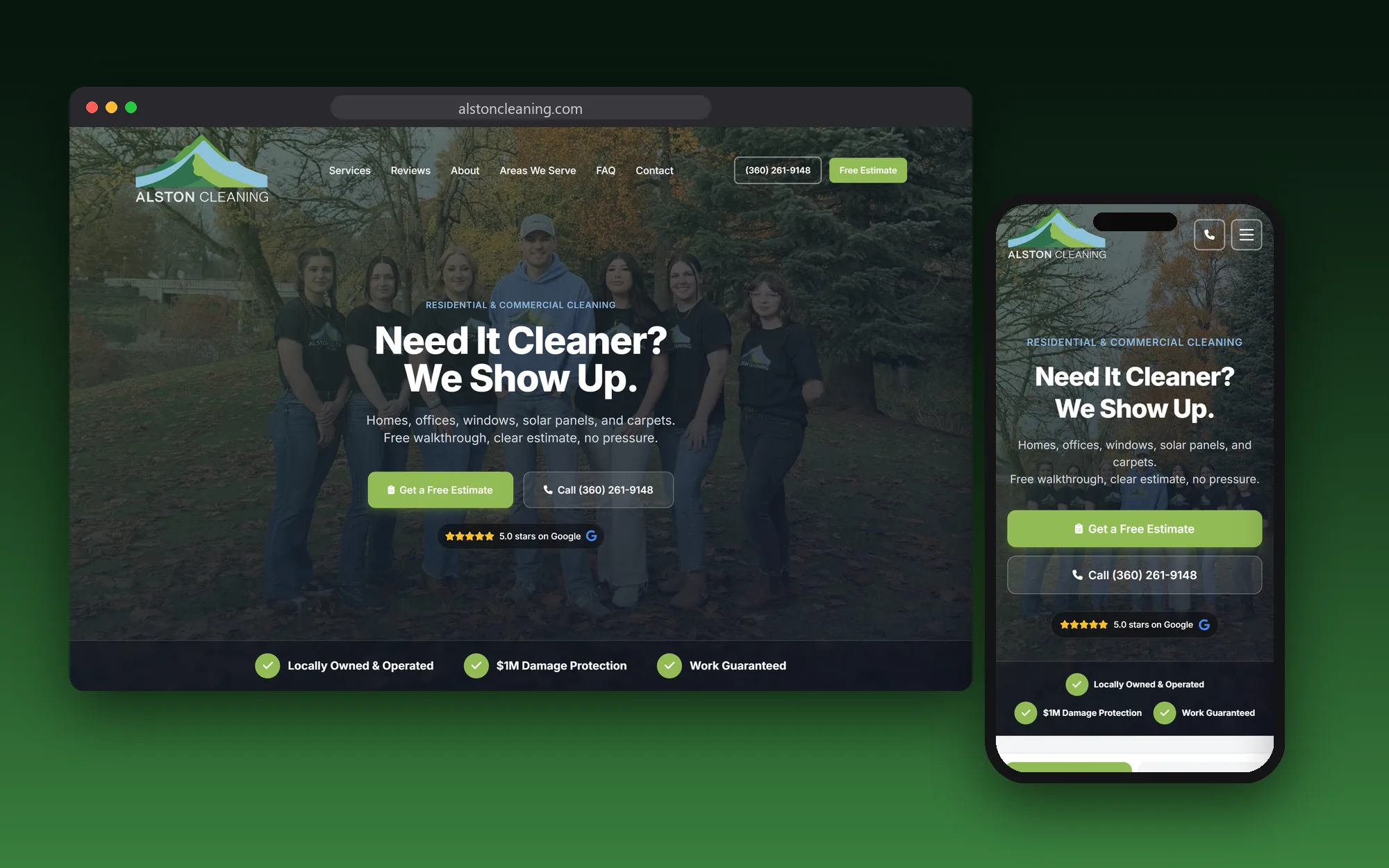 The Alston Cleaning website shown on a desktop browser and a phone