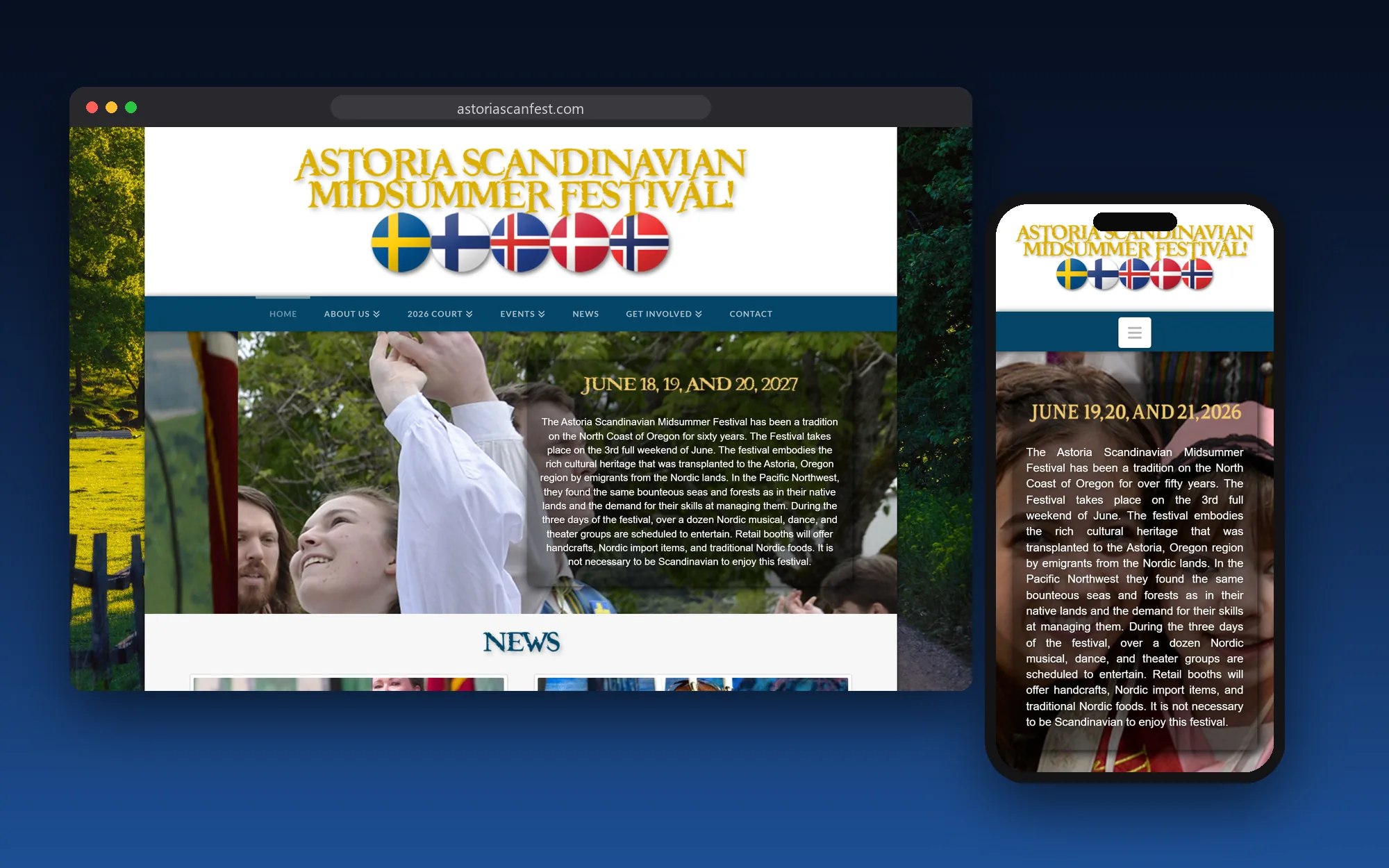 The Astoria Scandinavian Midsummer Festival website shown on a desktop browser and a phone