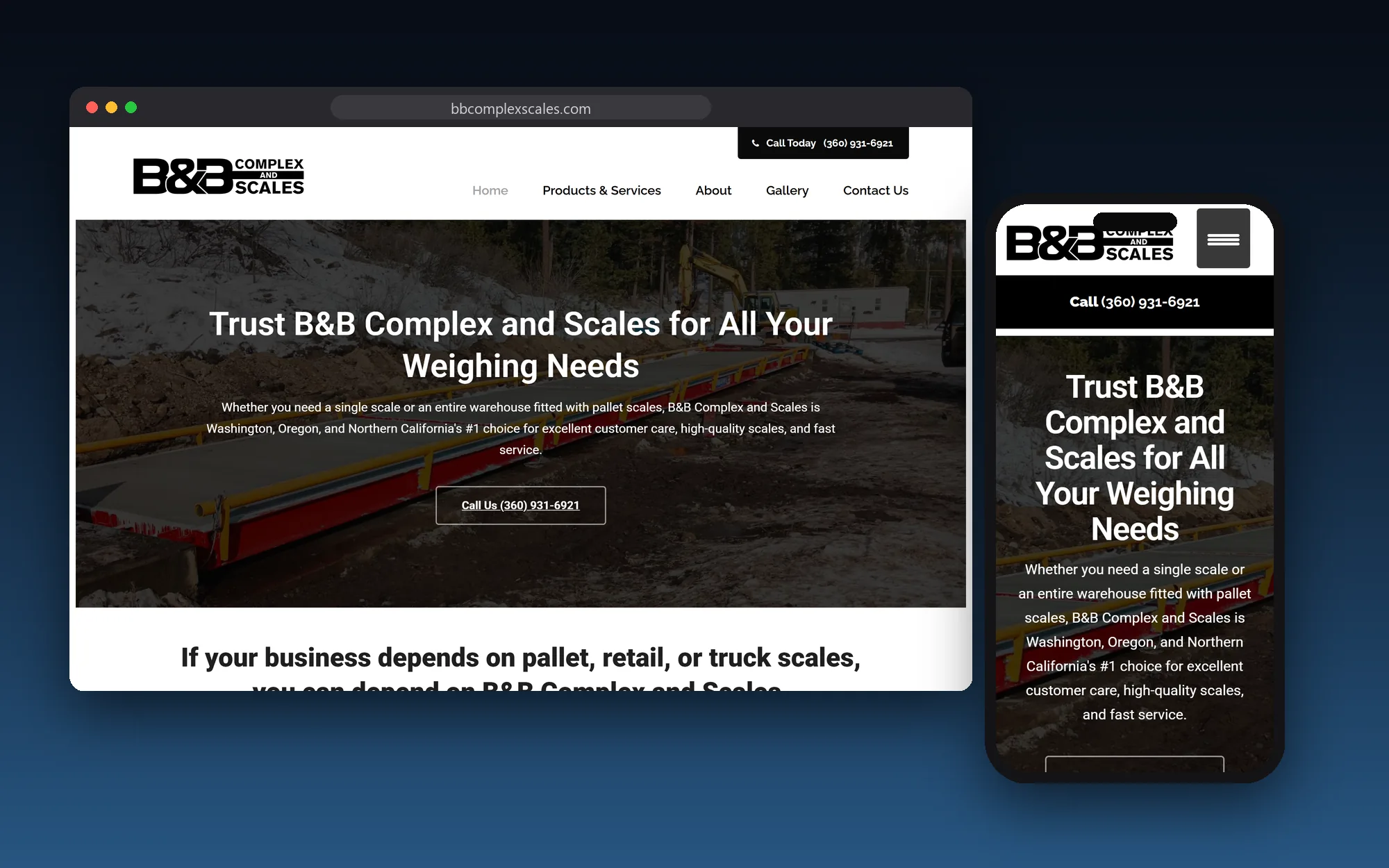 The B&B Complex and Scales website shown on a desktop browser and a phone