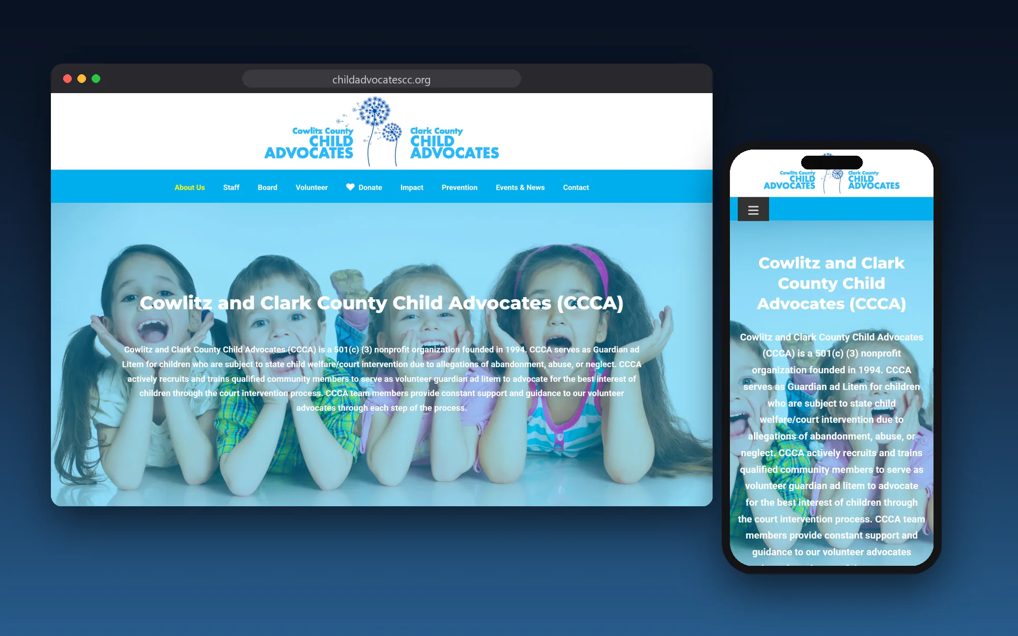 The Child Advocates website shown on a desktop browser and a phone