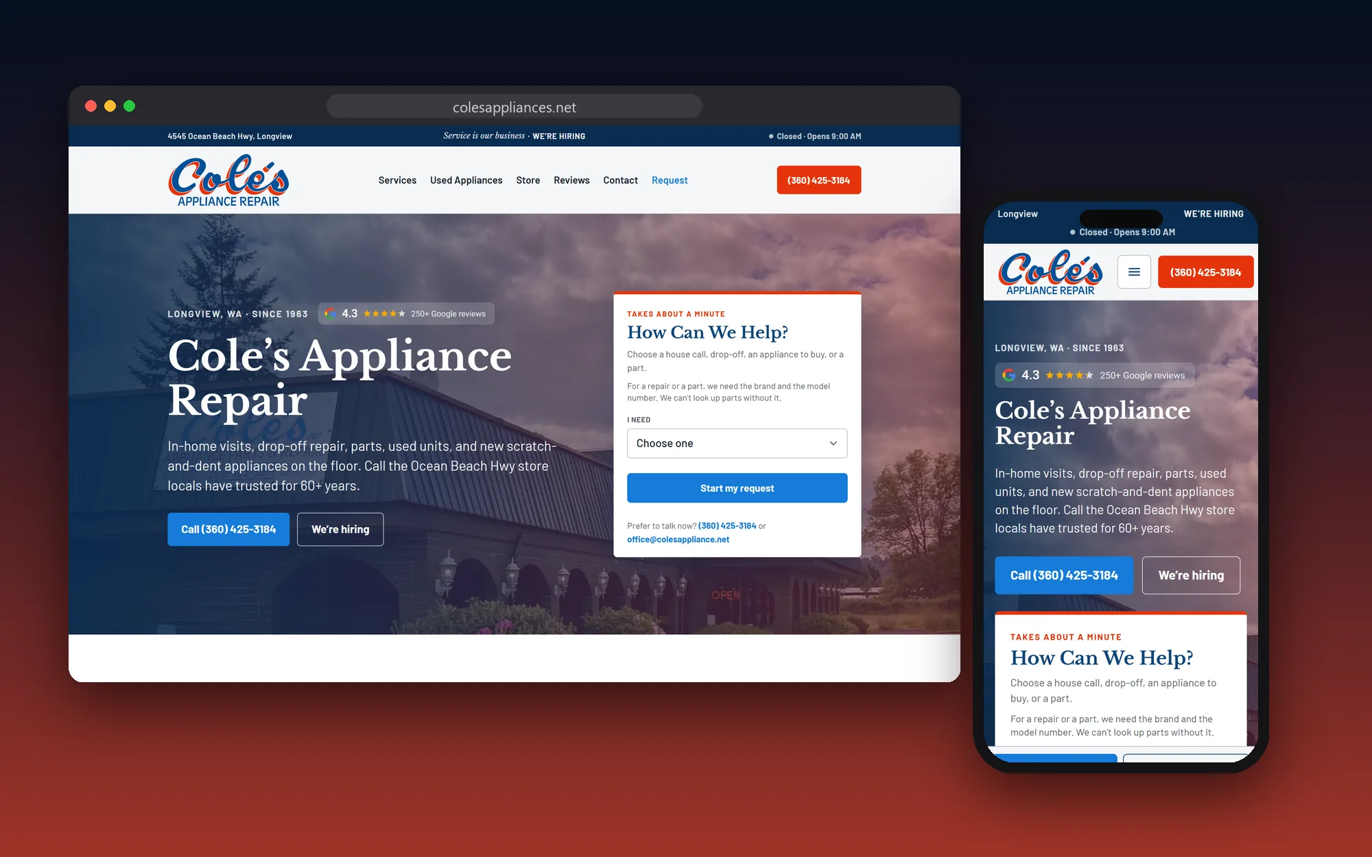 The Cole&rsquo;s Appliance Repair website shown on a desktop browser and a phone