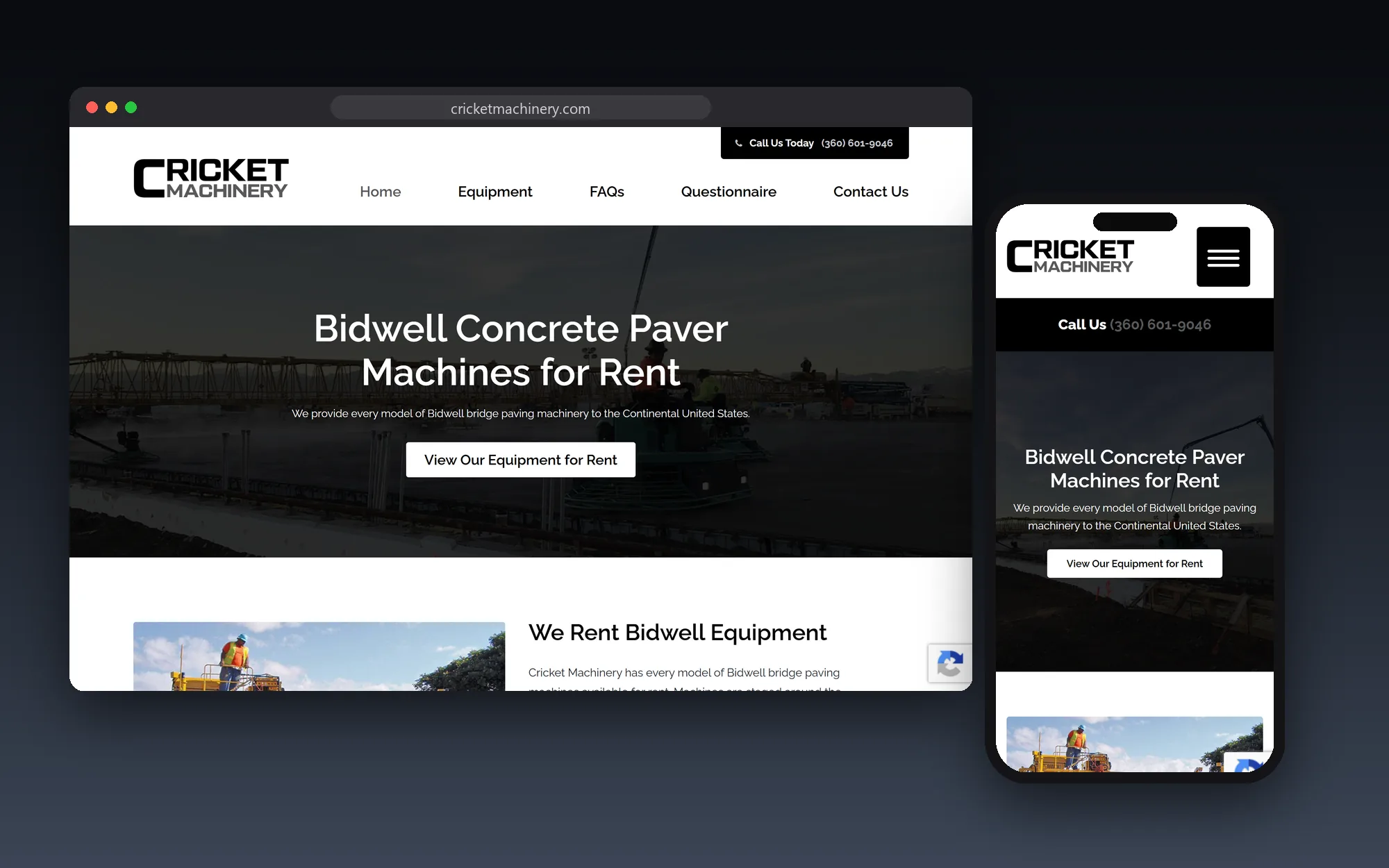 The Cricket Machinery website shown on a desktop browser and a phone