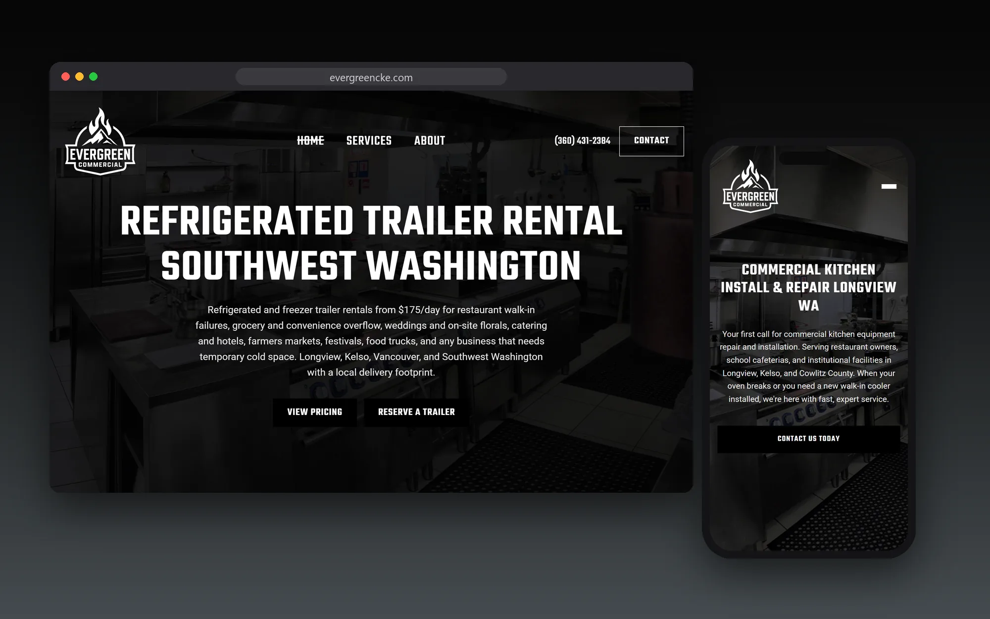 The Evergreen Commercial website shown on a desktop browser and a phone