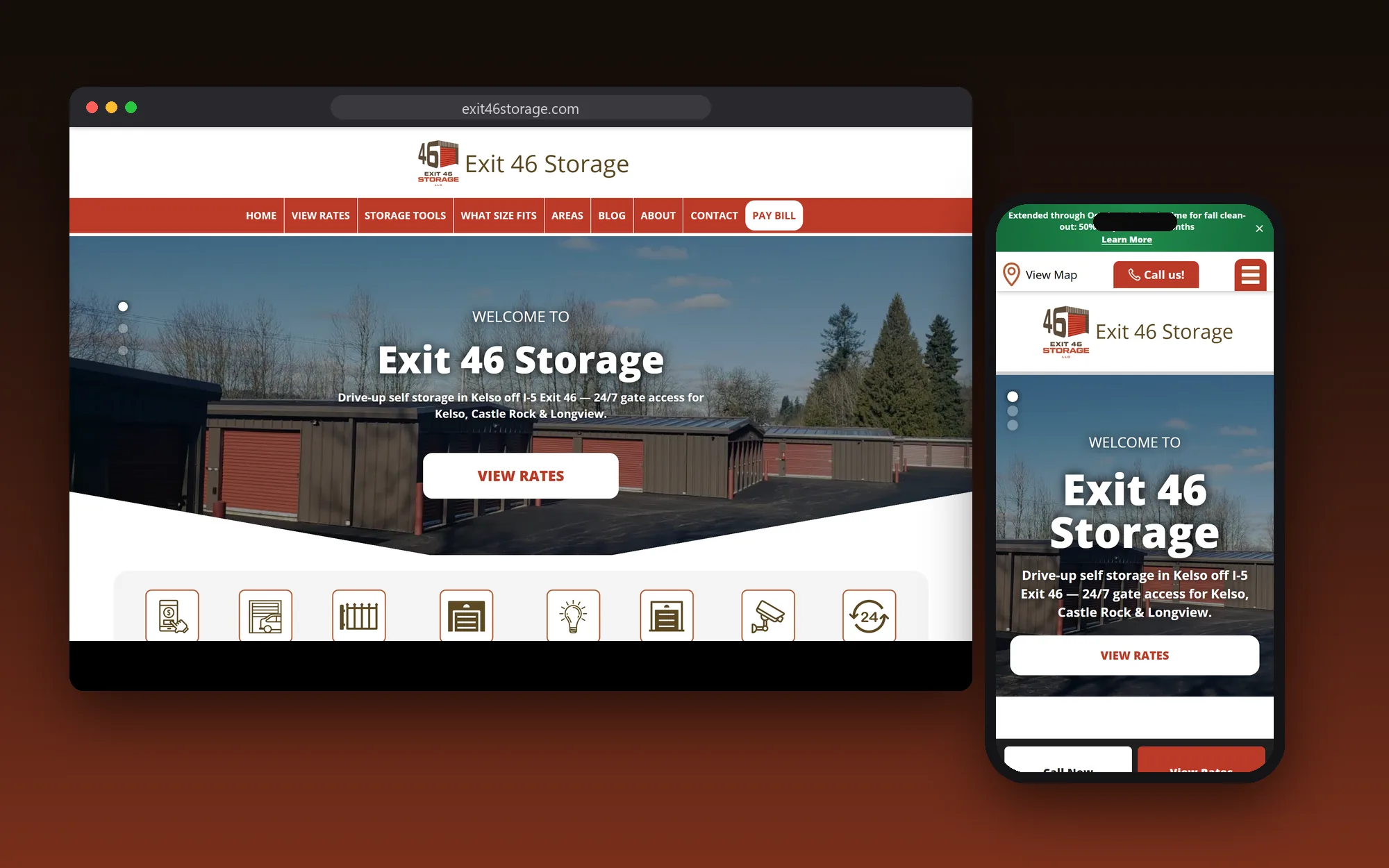 The Exit 46 Storage website shown on a desktop browser and a phone