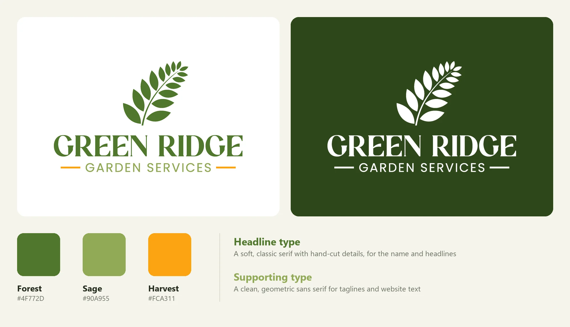 Green Ridge Garden Services logo in full color and reversed on green, with the brand colors Forest, Sage and Harvest and the Meditative and Poppins typefaces
