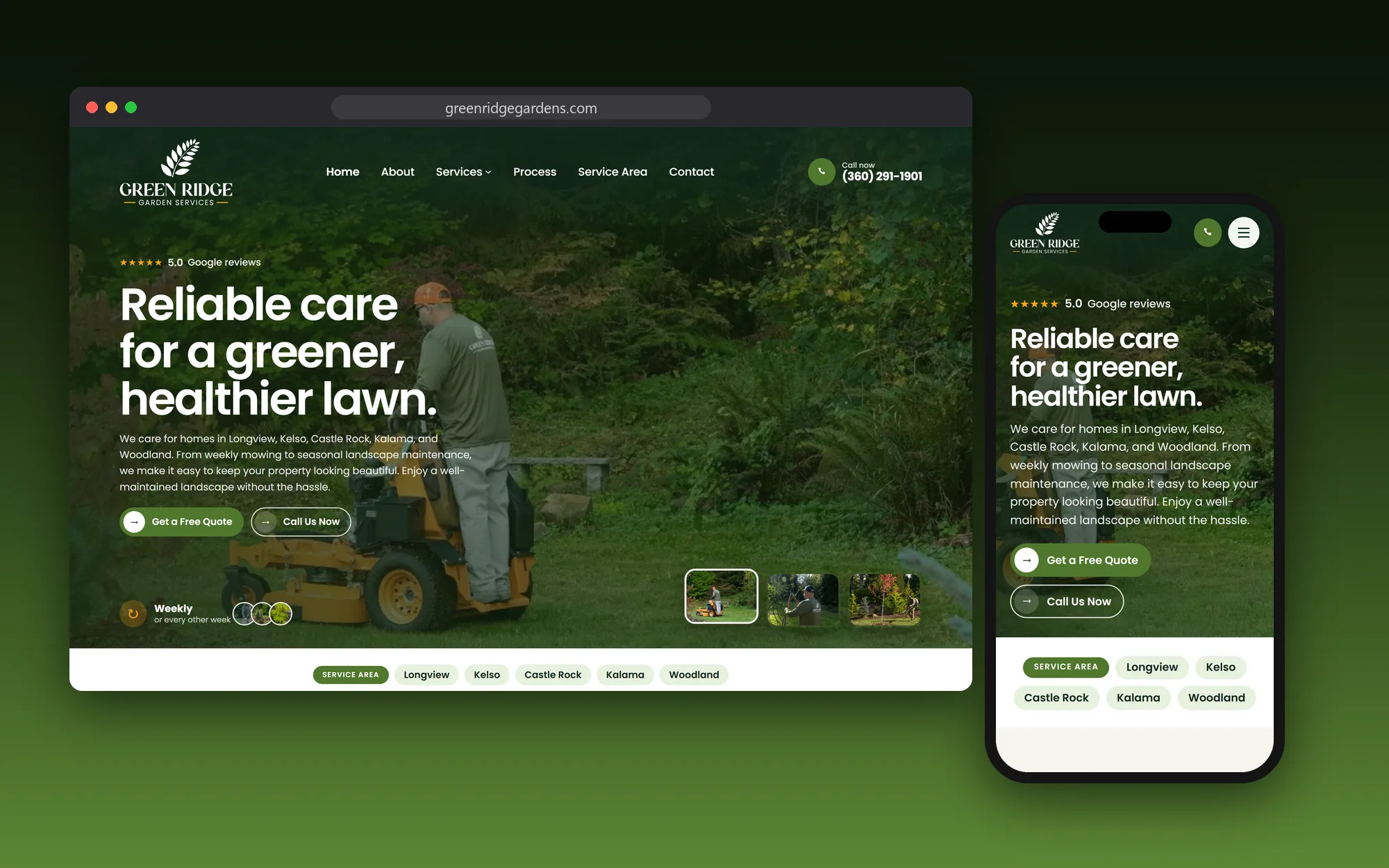 The Green Ridge Garden Services website shown on a desktop browser and a phone