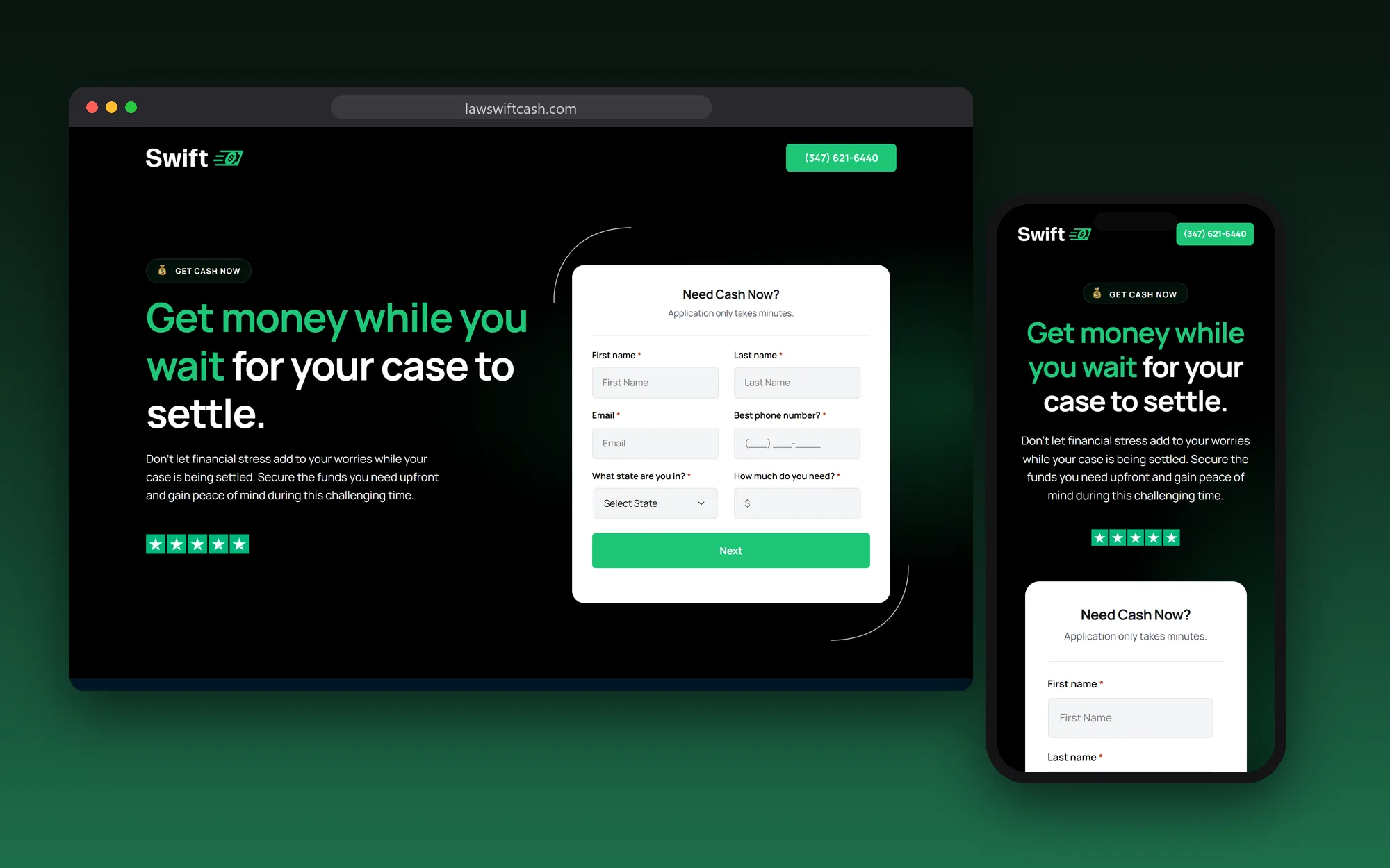 The Law Swift Cash website shown on a desktop browser and a phone
