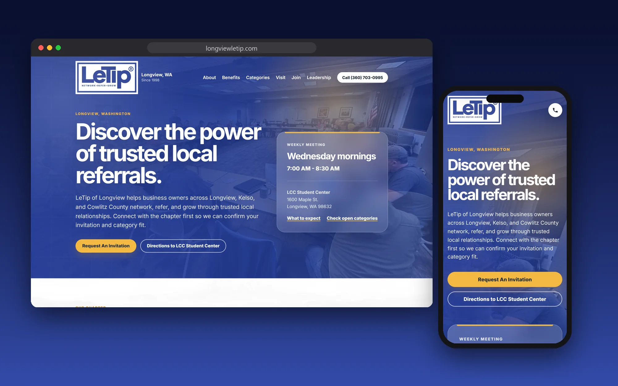 The LeTip of Longview website shown on a desktop browser and a phone