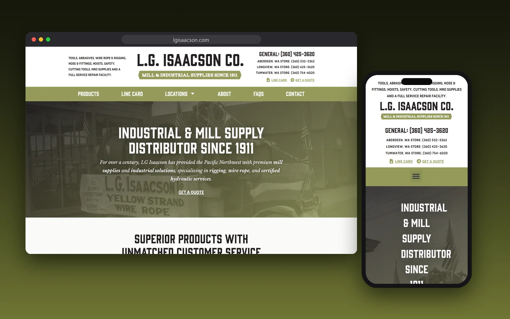 The LG Isaacson website shown on a desktop browser and a phone