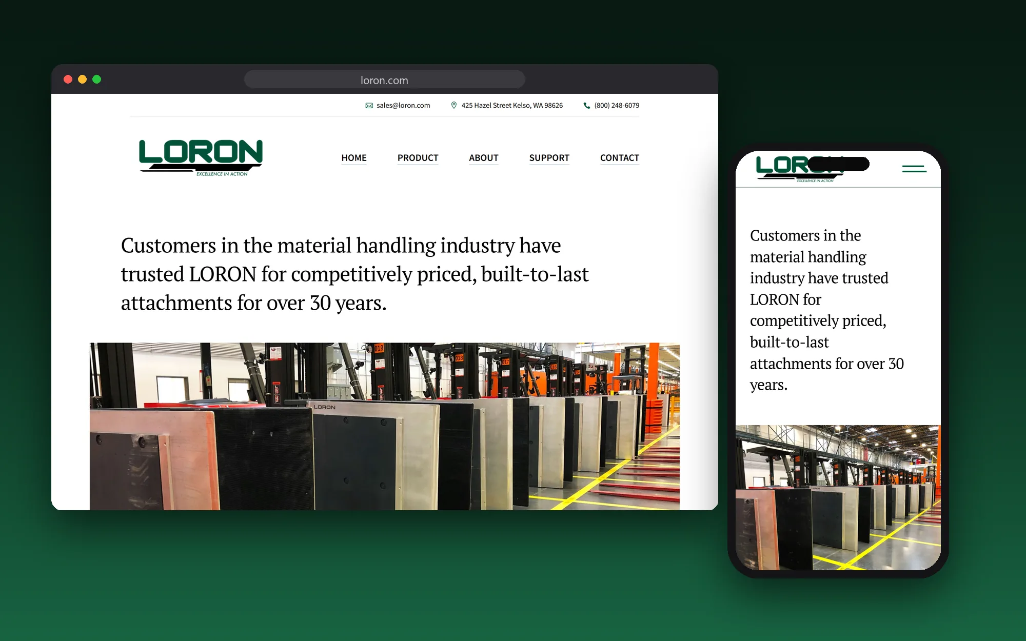 The Loron website shown on a desktop browser and a phone