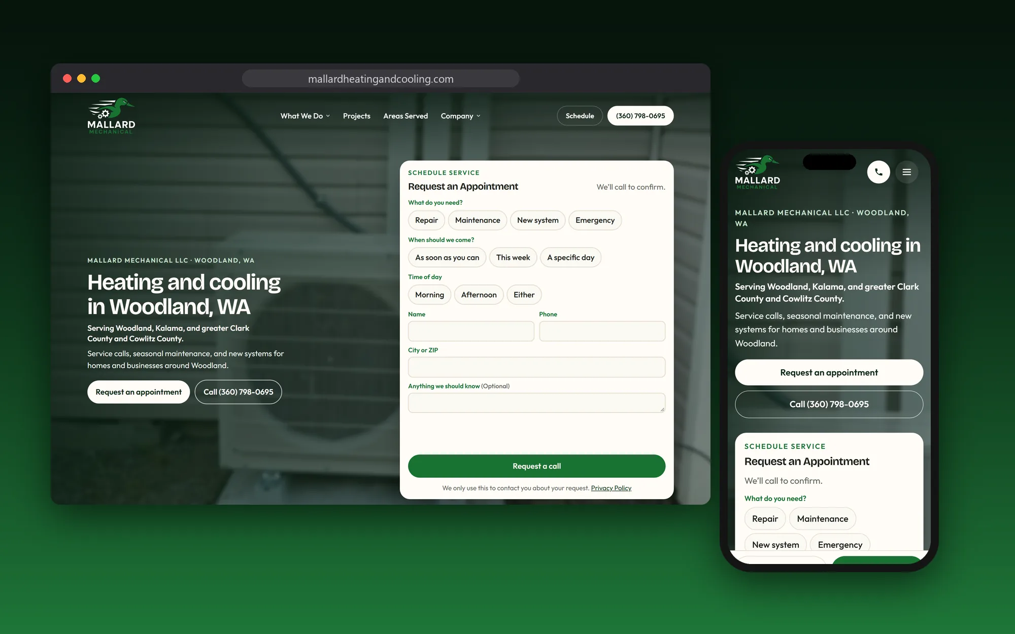 The Mallard Mechanical website shown on a desktop browser and a phone
