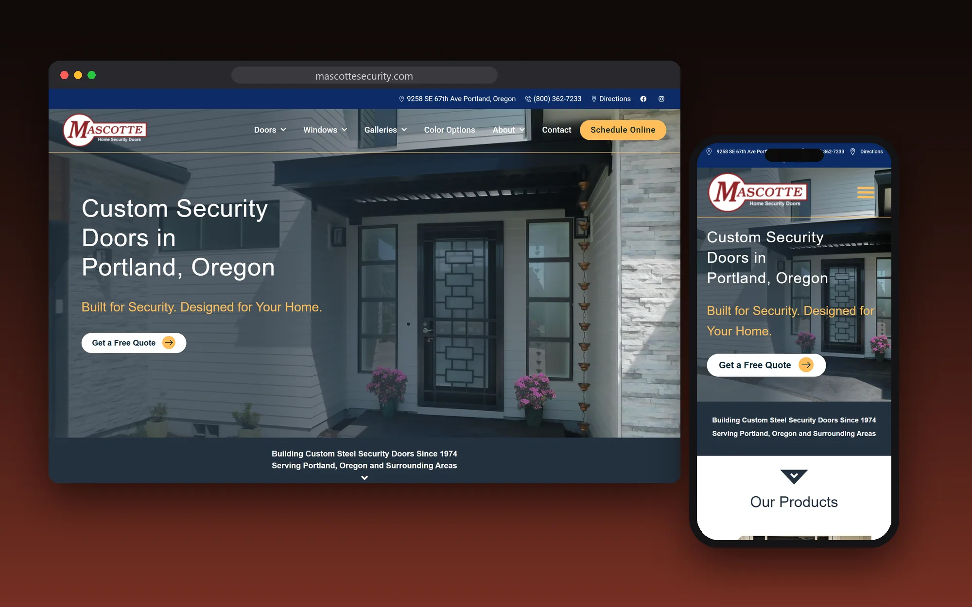 The Mascotte Security Doors website shown on a desktop browser and a phone