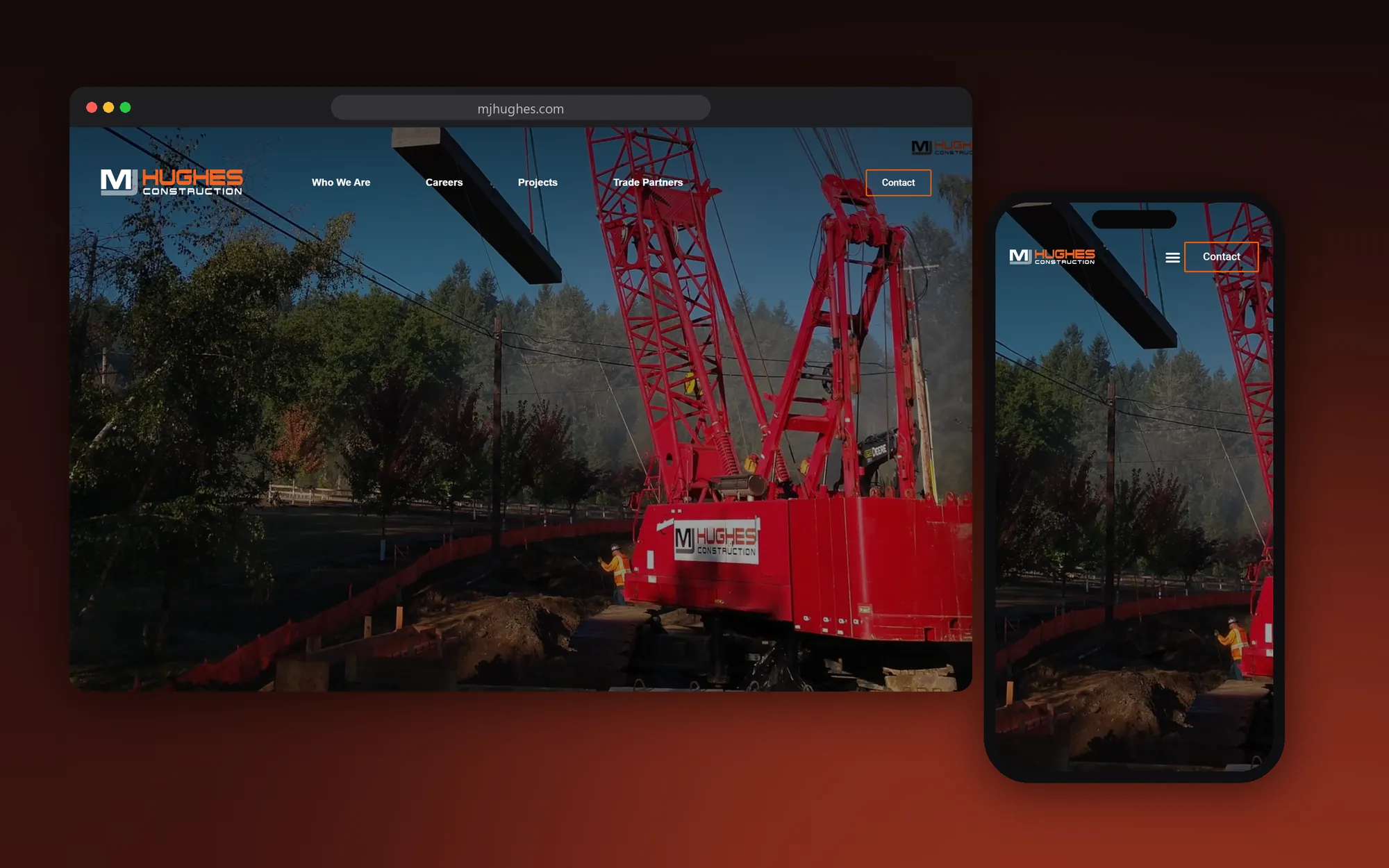 The MJ Hughes Construction website shown on a desktop browser and a phone