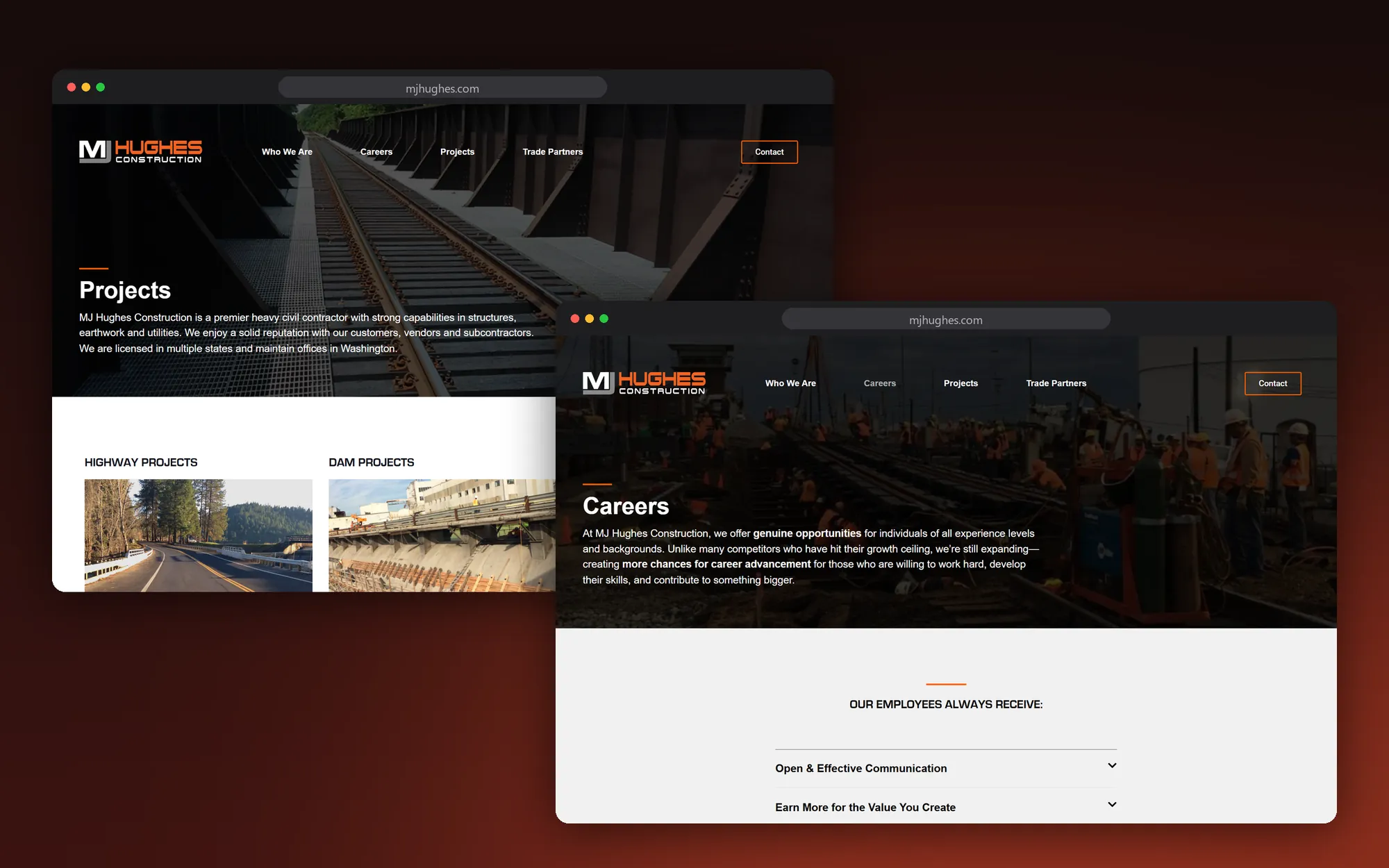 The Projects and Careers pages of the MJ Hughes Construction website on desktop