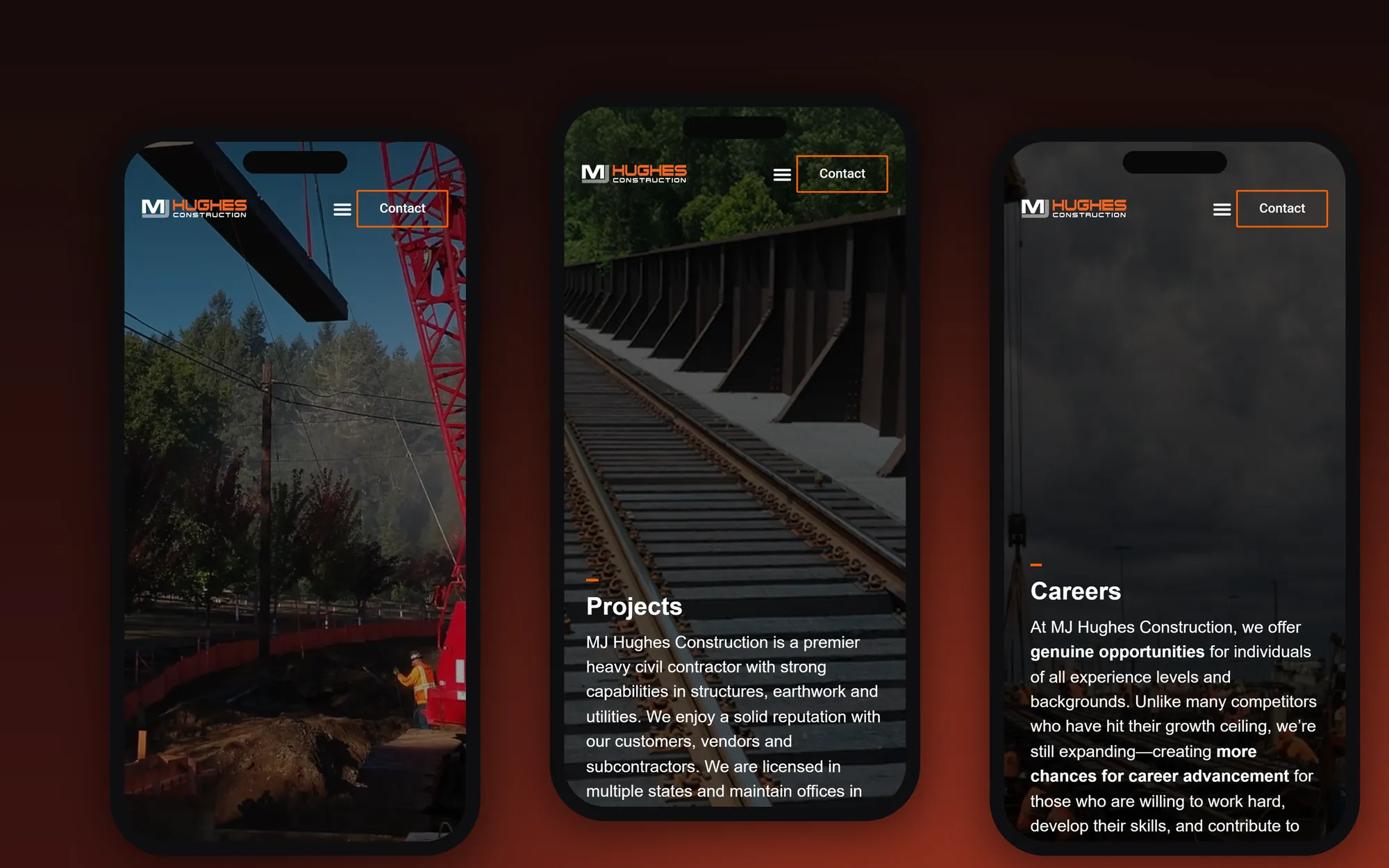 Three phone screens showing the MJ Hughes Construction home, projects and careers pages