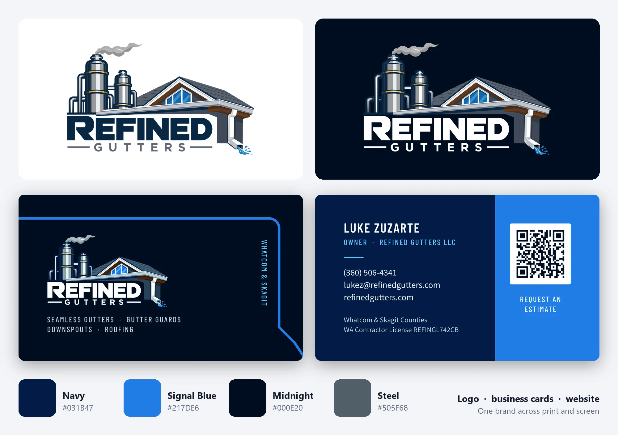 Refined Gutters logo in full color and reversed on dark navy, the front and back of the business card, and the brand colors navy, signal blue, midnight and steel