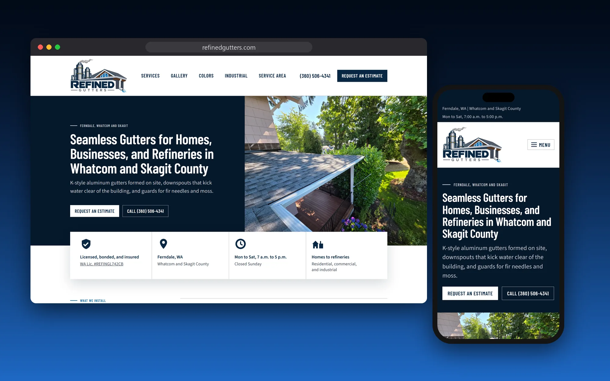 The Refined Gutters website shown on a desktop browser and a phone