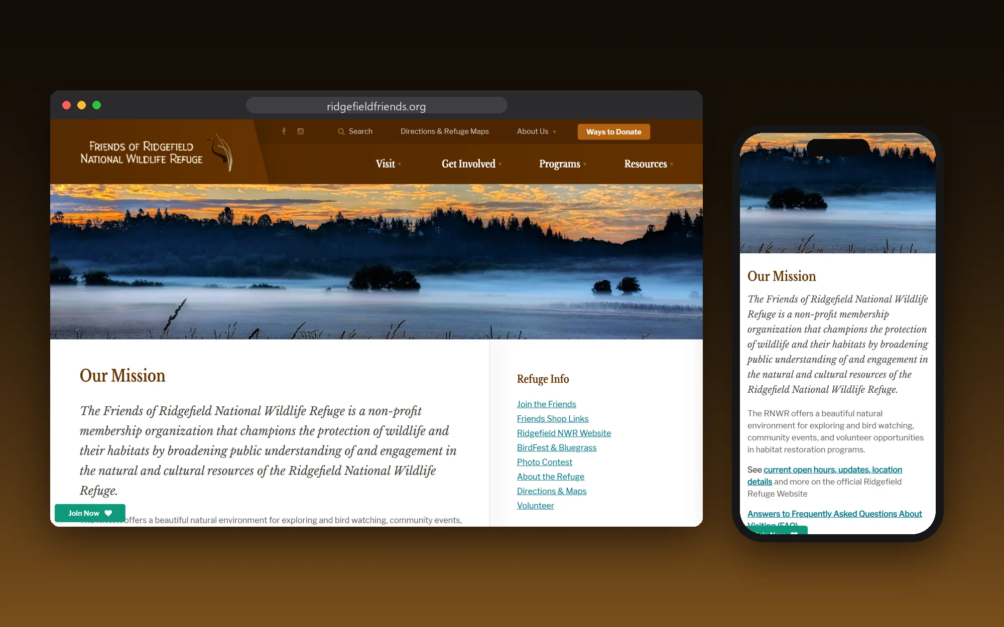 The Friends of Ridgefield National Wildlife Refuge website on a desktop browser and a phone