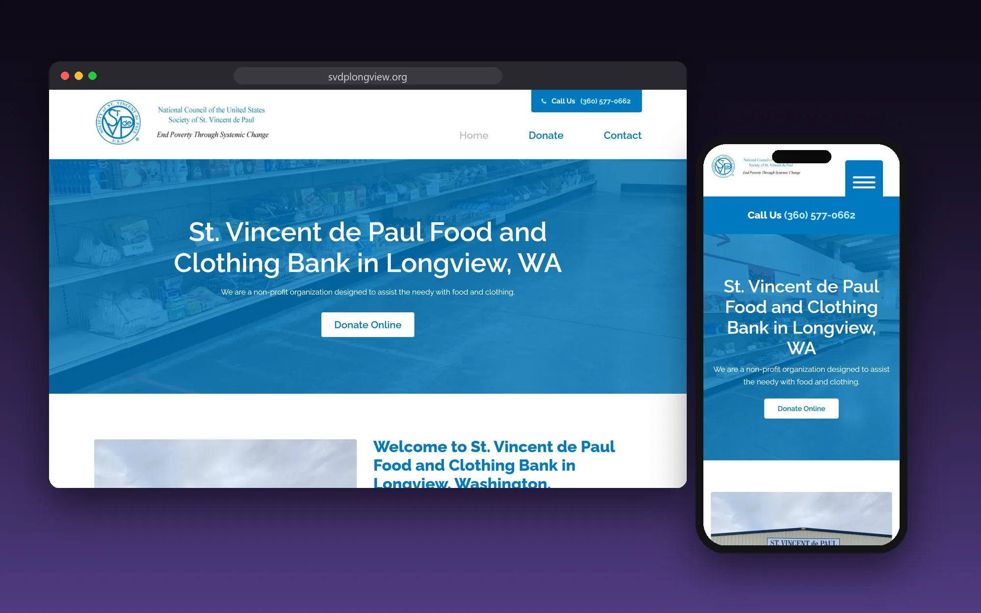 The St. Vincent de Paul of Longview website shown on a desktop browser and a phone
