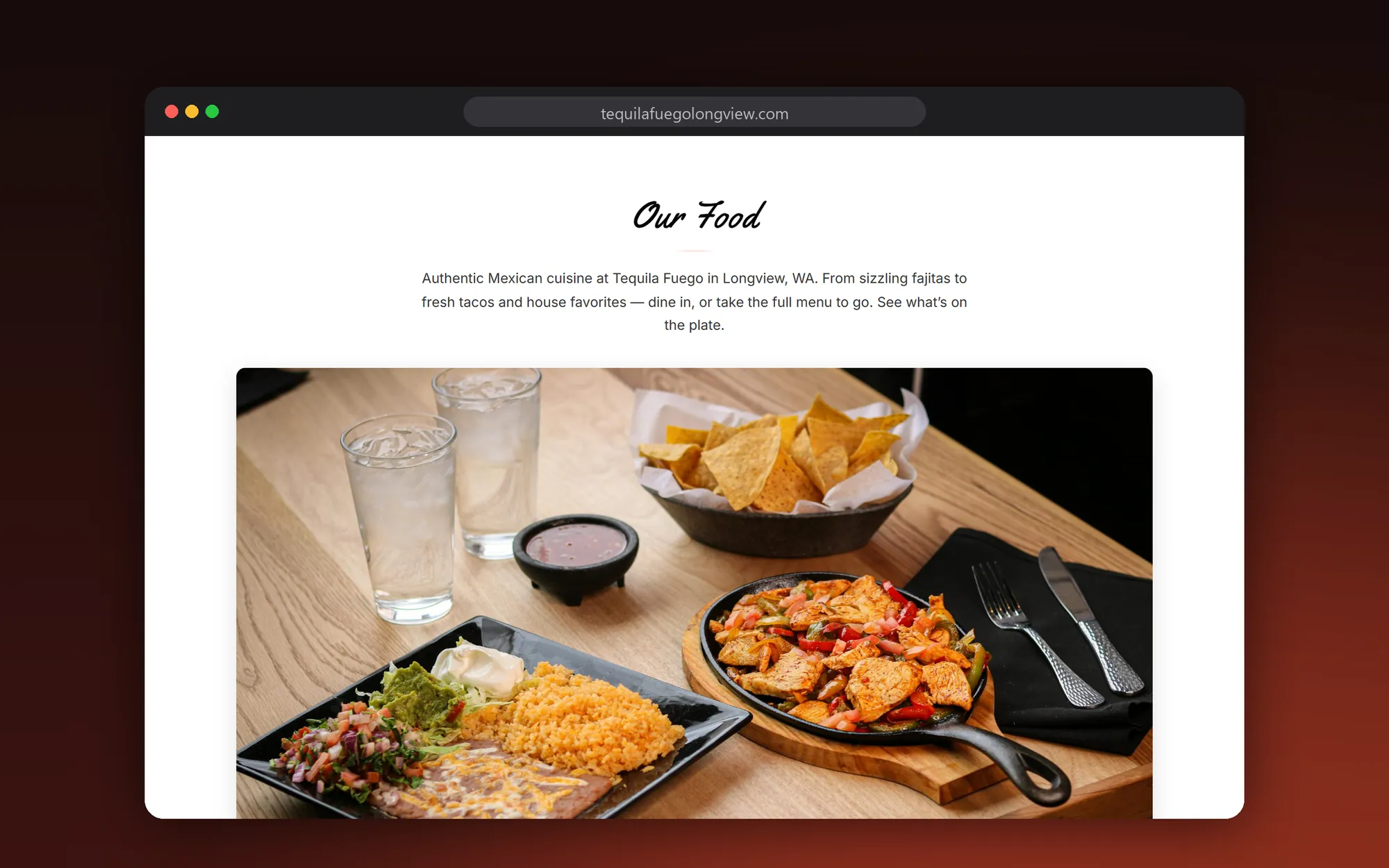 The Our Food section of the Tequila Fuego website with a large photograph of fajitas, rice and beans