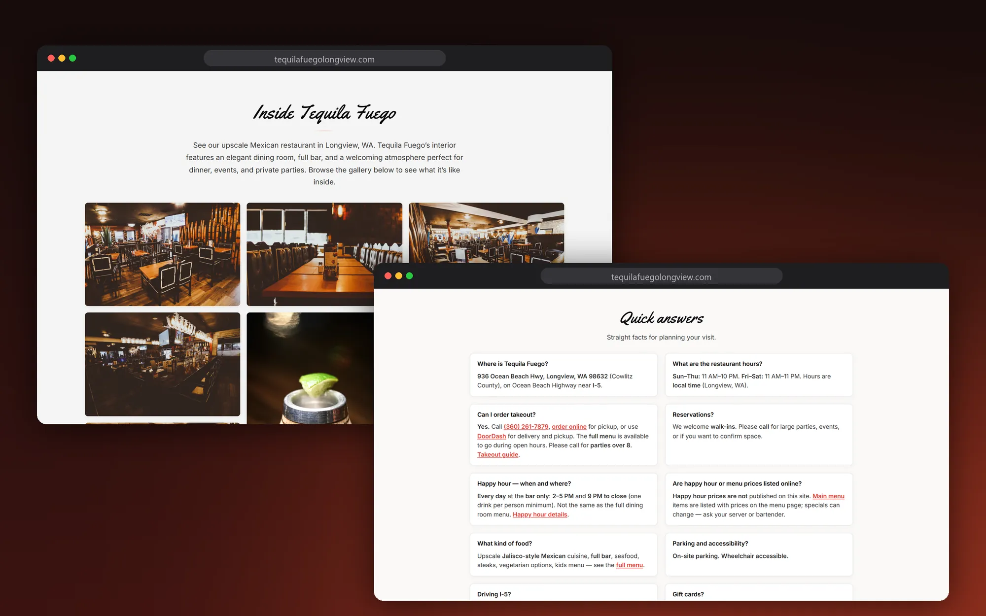 The Inside Tequila Fuego photo gallery and the Quick Answers section on the Tequila Fuego website
