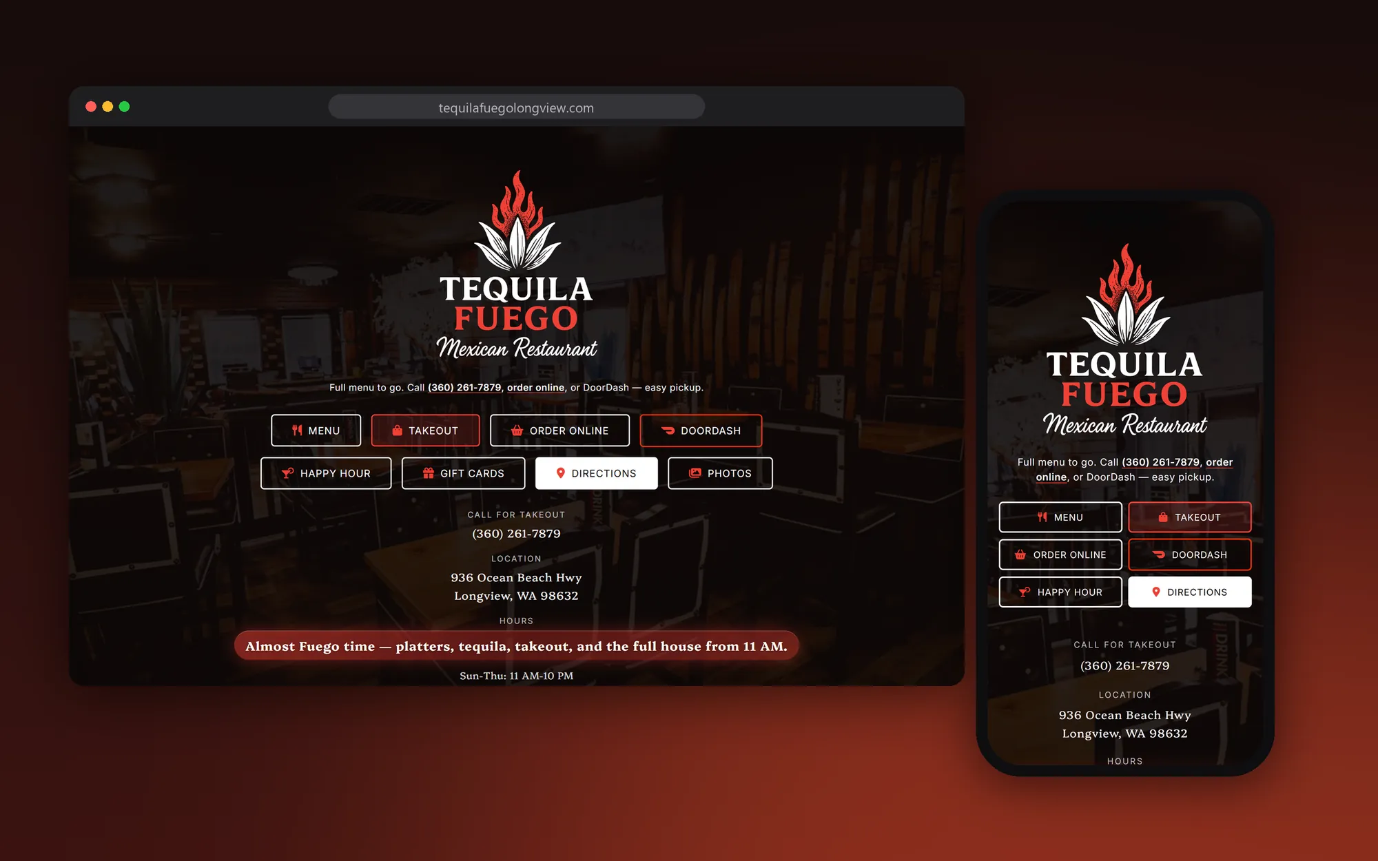 The Tequila Fuego website shown on a desktop browser and a phone