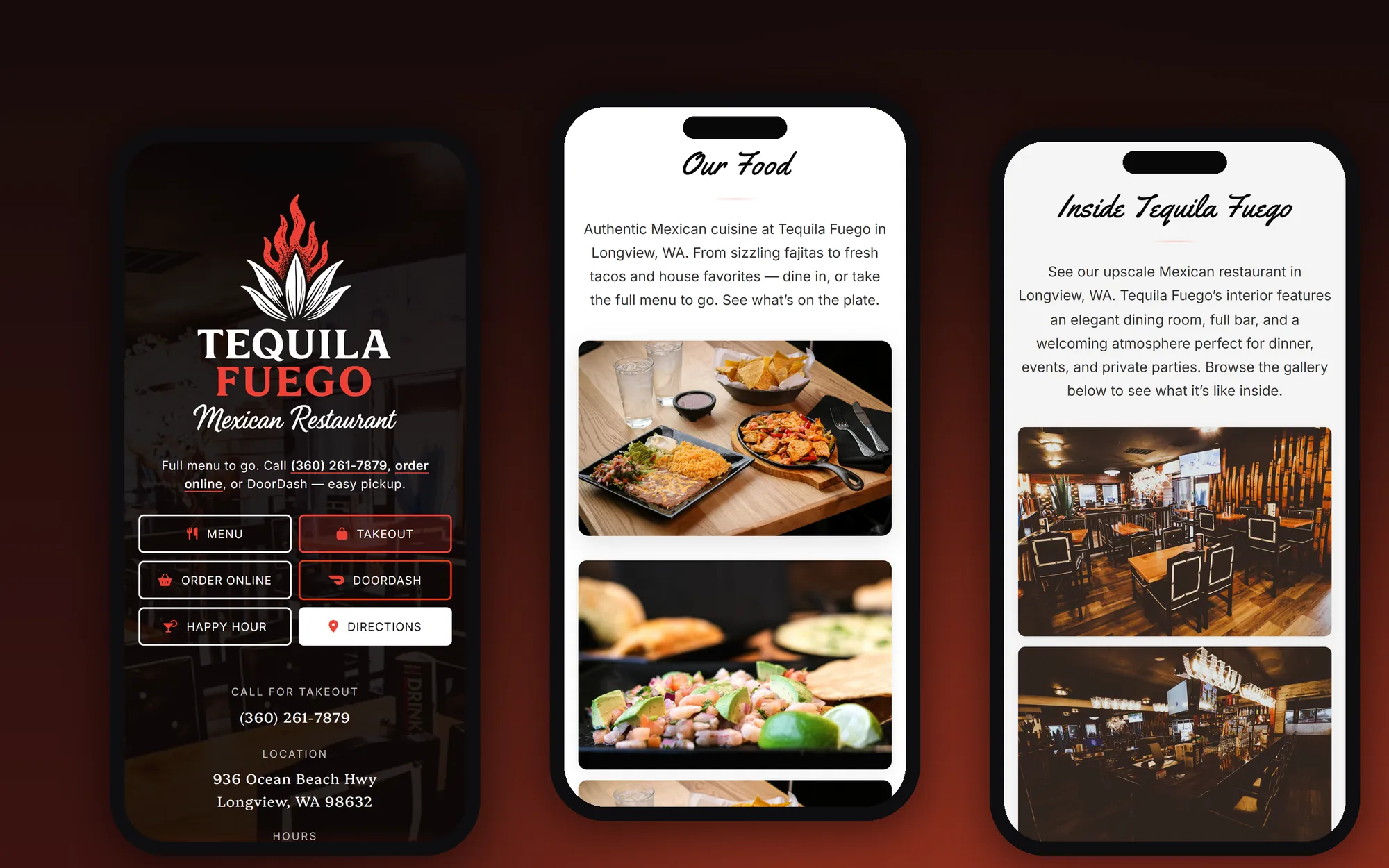 Three phone screens showing the Tequila Fuego home page, food photography and dining room gallery