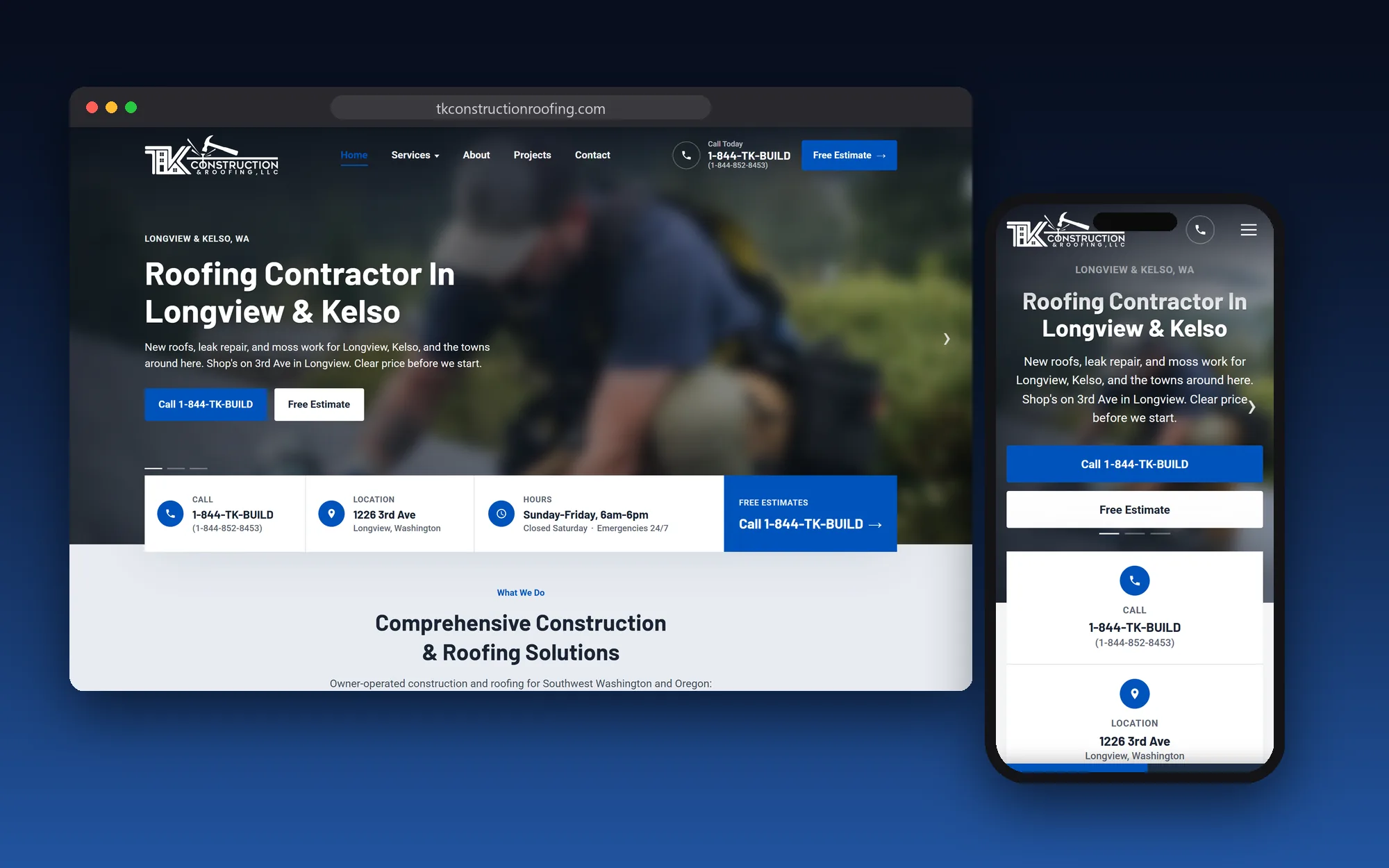 The TK Construction & Roofing website shown on a desktop browser and a phone
