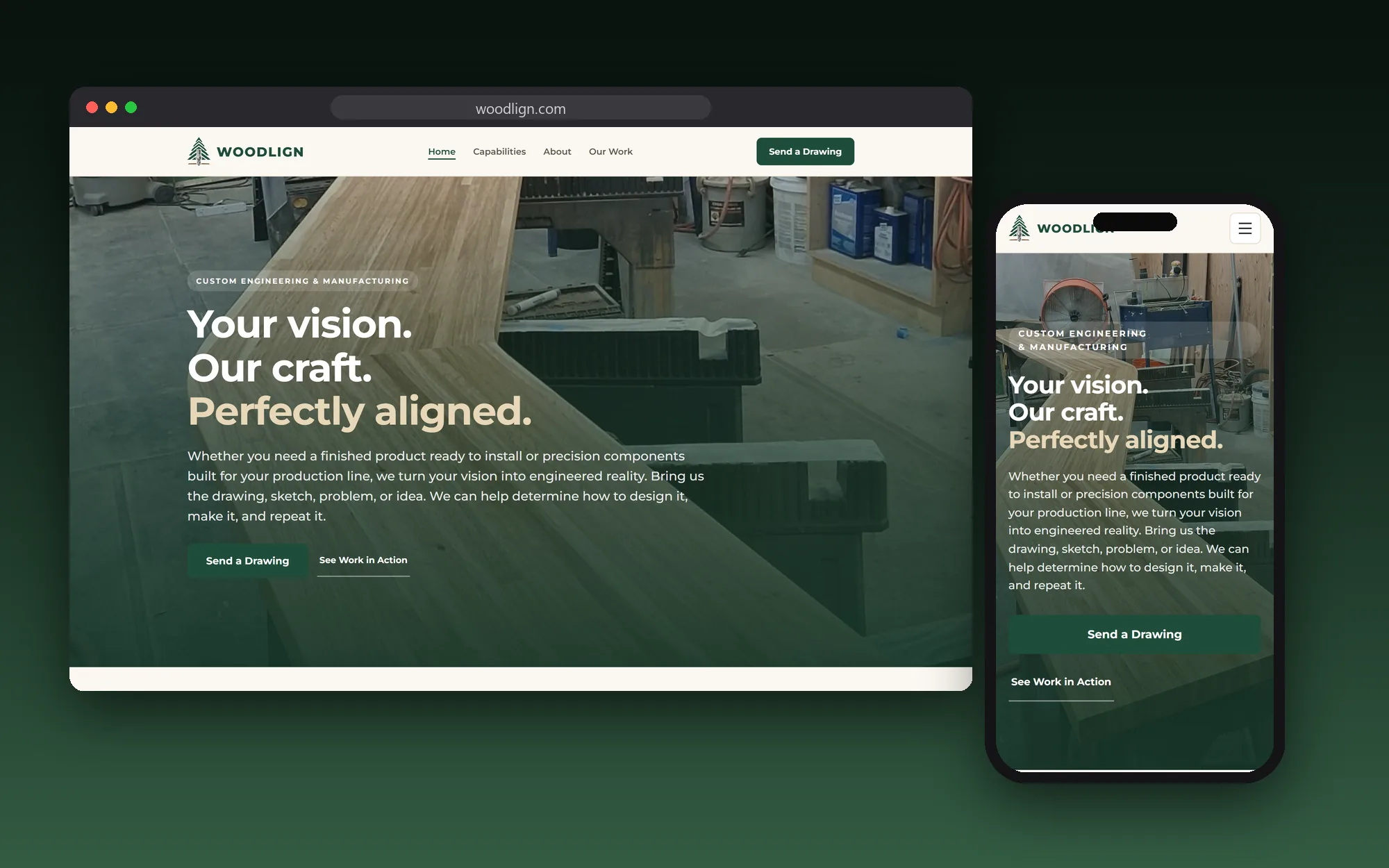 The Woodlign website shown on a desktop browser and a phone