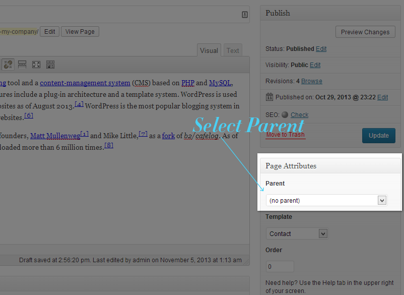 How to select a parent page in WordPress