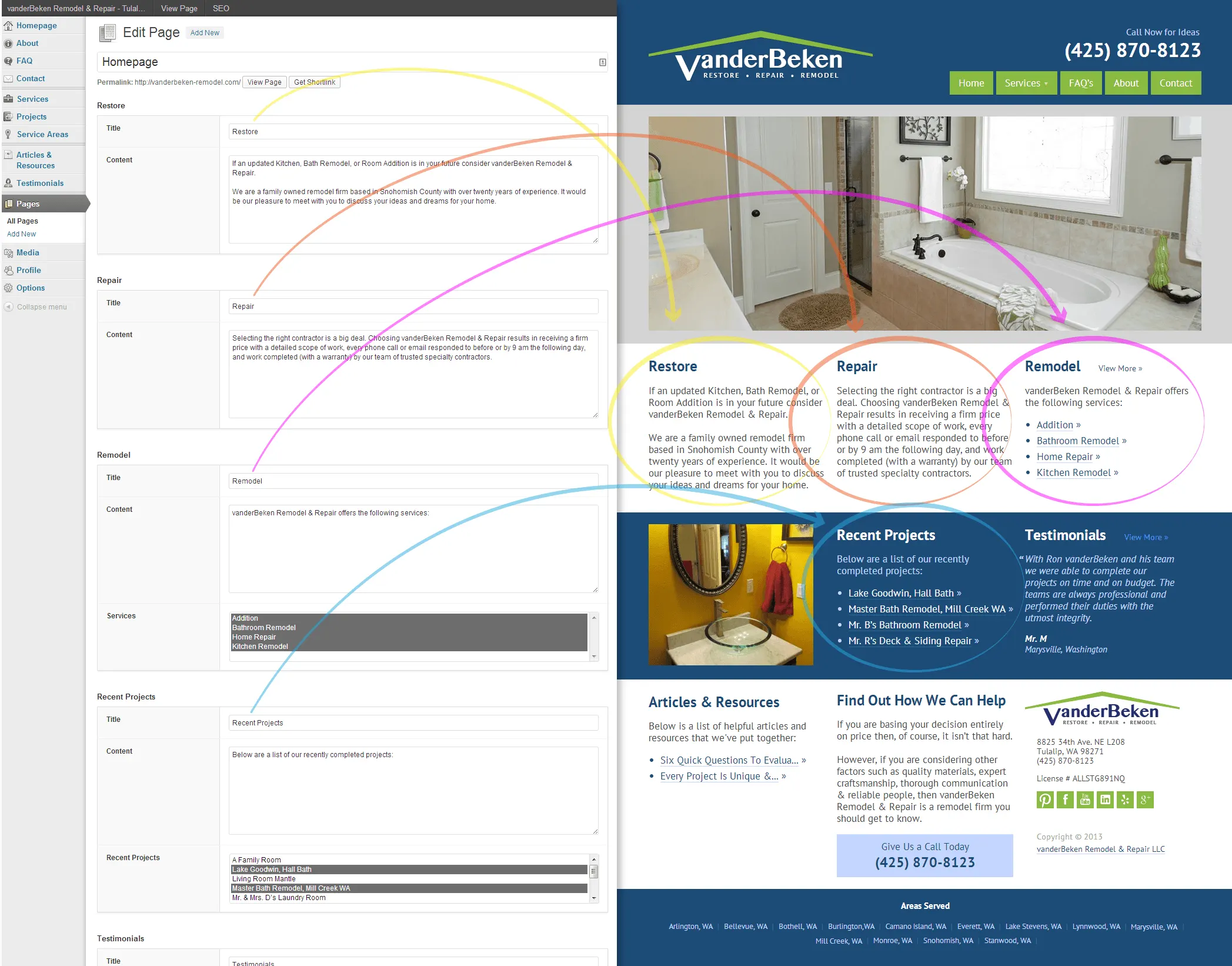 An example screenshot of the Homepage edit screen and the Homepage on the front-end of what the public can view