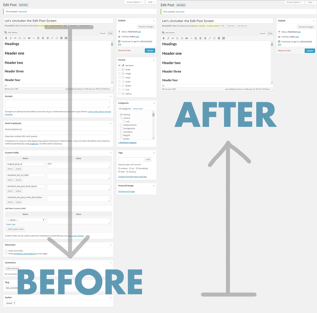 Before and After Customizing the Edit Post Screen in WordPress