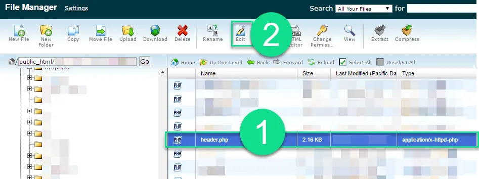 cPanel - File Manager - Editing Header