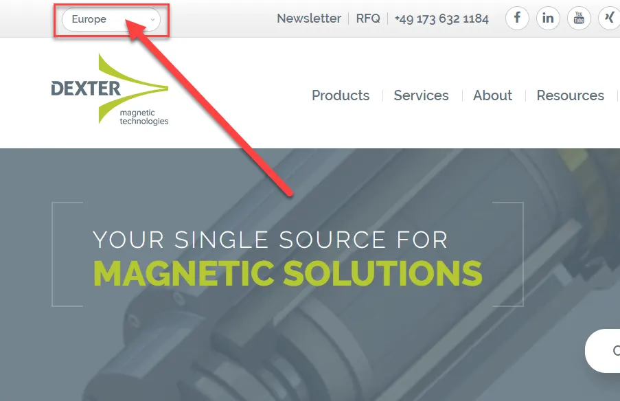 Screenshot showing the geolocation option to switch between North America and Europe website versions