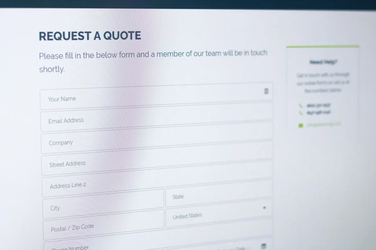 Request a quote form on a website