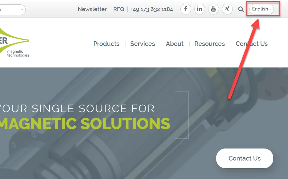 Showing where the language translation option exists in the header of the Dexter Magnetics website