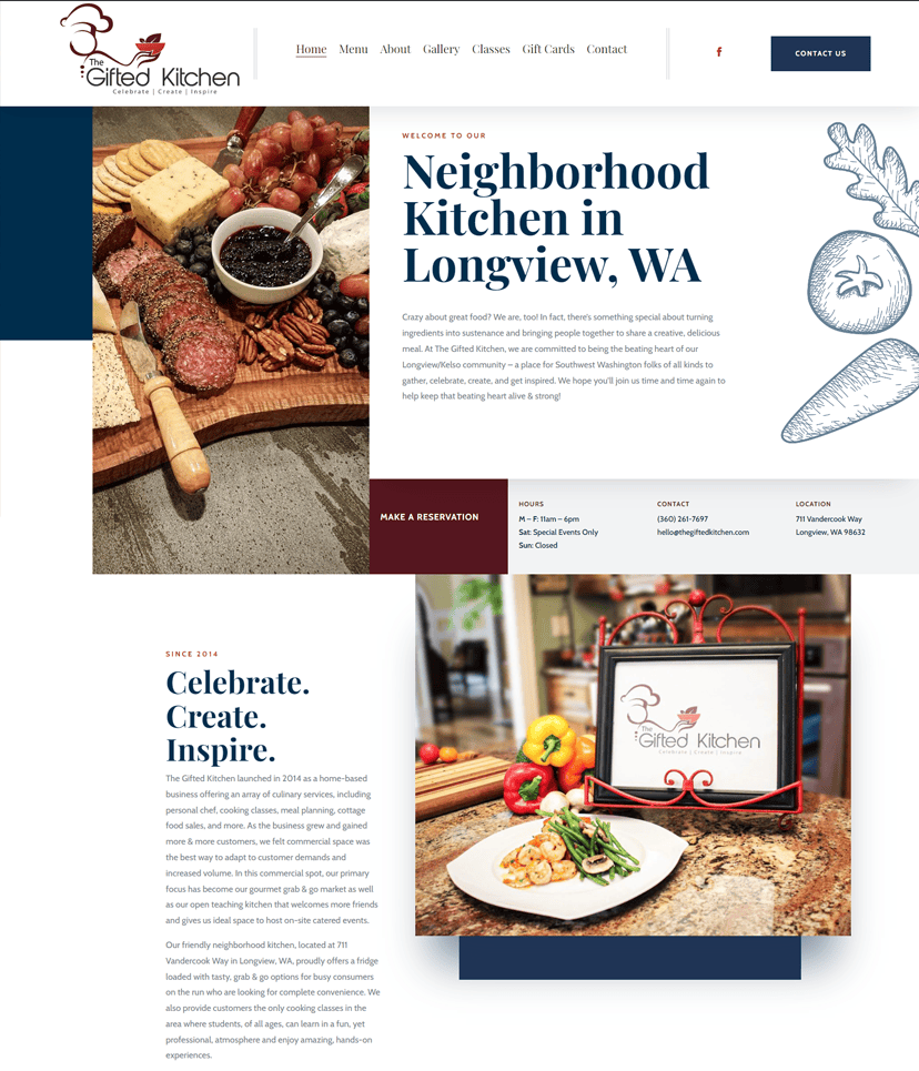 Web page designed by Graticle Design for The Gifted Kitchen in Longview, WA, inviting visitors to a neighborhood kitchen with a warm, welcoming layout.