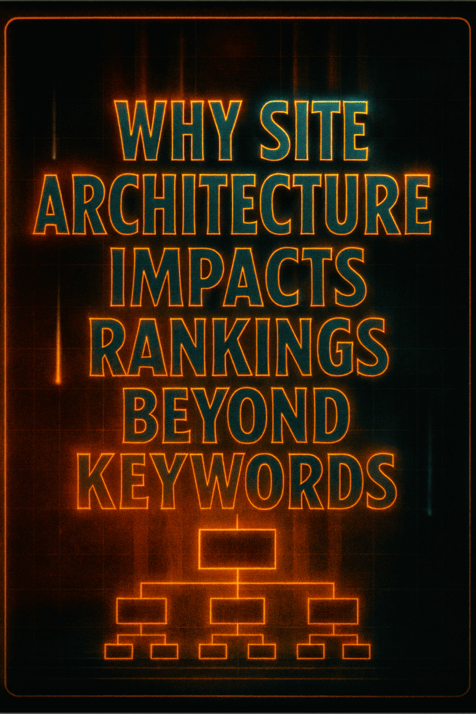 Futuristic neon-style graphic with glowing orange and teal text that reads: “Why Site Architecture Impacts Rankings Beyond Keywords.” Below the text is a glowing orange sitemap diagram with connected boxes, symbolizing website structure.