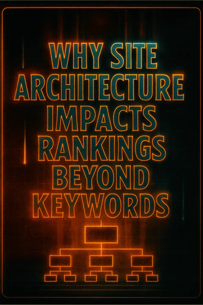 Futuristic neon-style graphic with glowing orange and teal text that reads: “Why Site Architecture Impacts Rankings Beyond Keywords.” Below the text is a glowing orange sitemap diagram with connected boxes, symbolizing website structure.