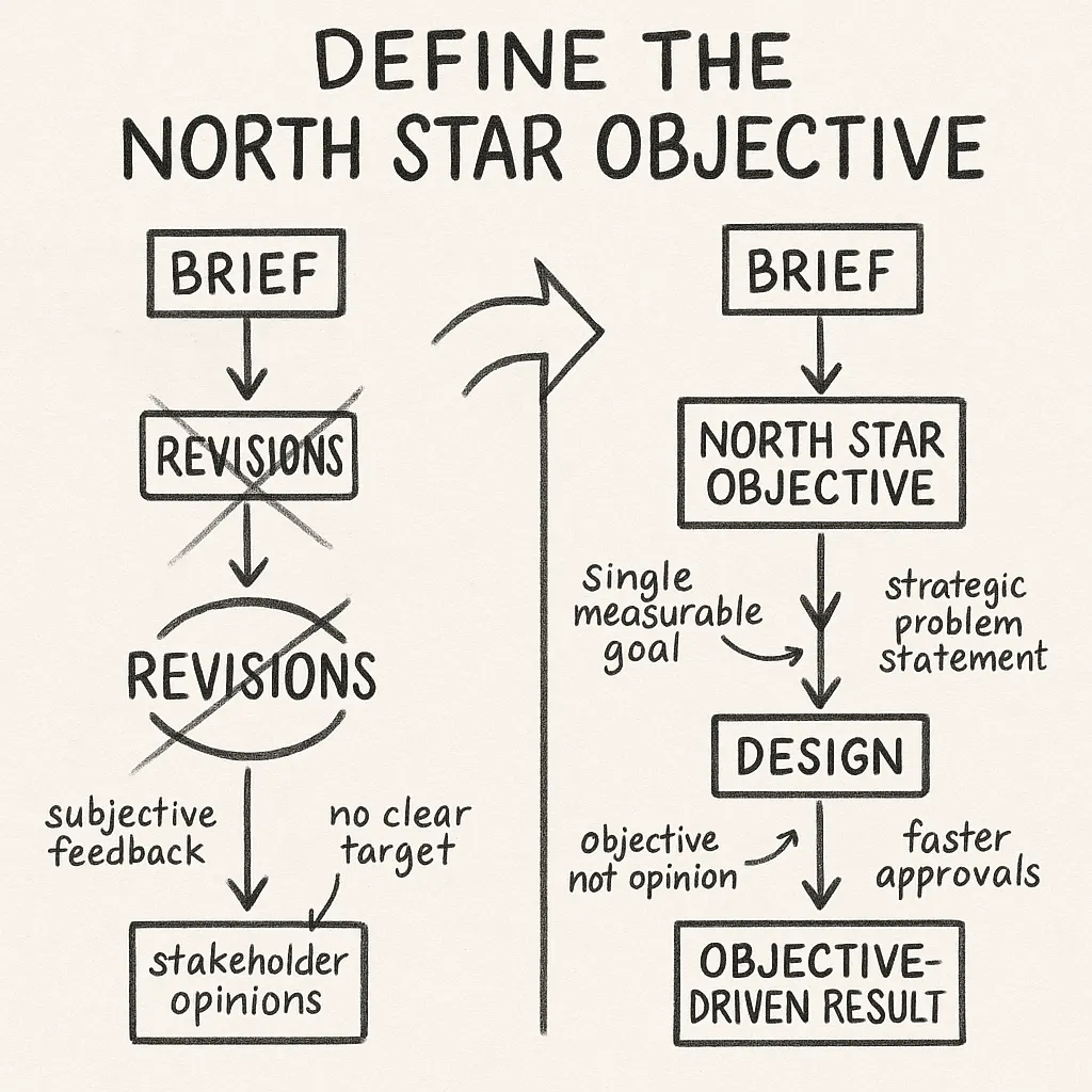 Hand-drawn comparison diagram showing the old subjective design workflow—brief leading to repeated revisions and stakeholder opinions—versus the North Star Objective workflow, where the brief defines a single measurable goal that guides design toward an objective-driven result.