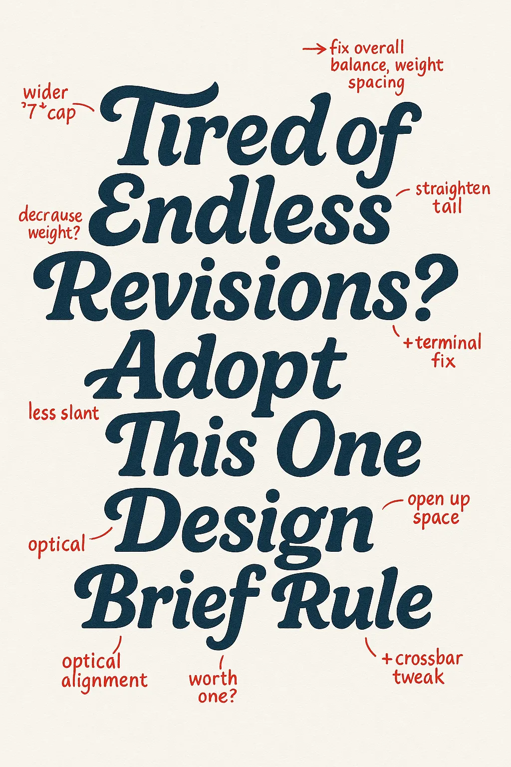 Hand-drawn headline reading “Tired of Endless Revisions? Adopt This One Design Brief Rule” with red handwritten designer feedback notes surrounding the lettering on a textured off-white background.