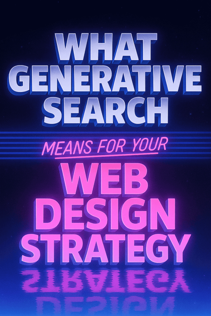 Retro-style graphic with glowing blue and pink text that reads: “What Generative Search Means for Your Web Design Strategy.” The words "What Generative Search" appear in bold blue, "Means for Your" in italic pink, and "Web Design Strategy" in bold pink with a mirrored reflection effect beneath.